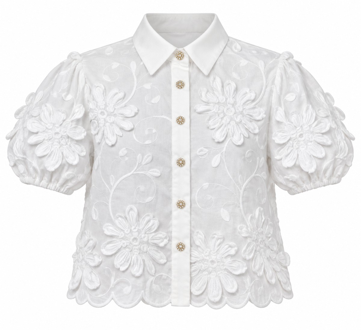 Camisa bordada con mangas globo — Marfil