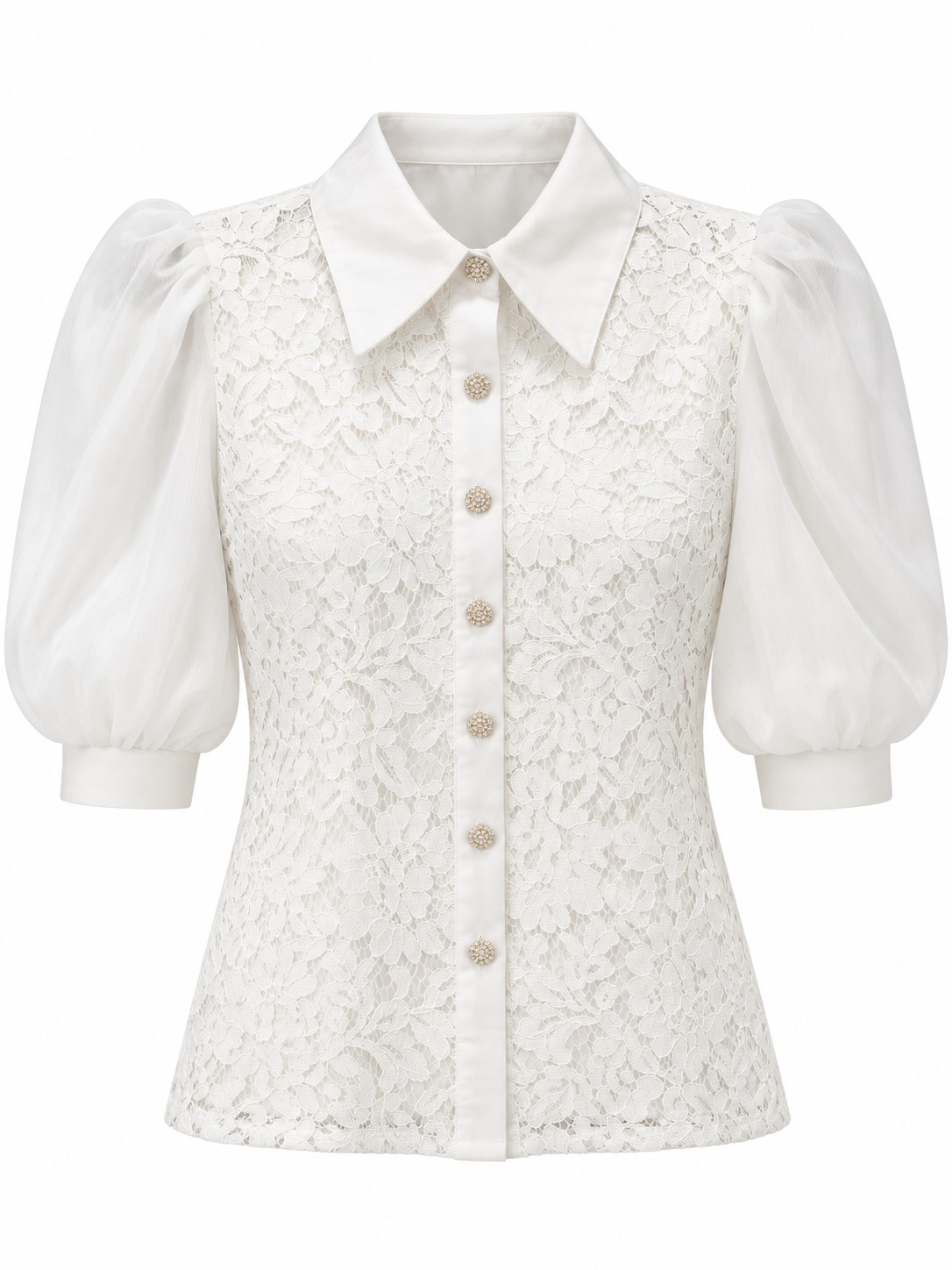 Camisa marfil de encaje y mangas globo — Marfil