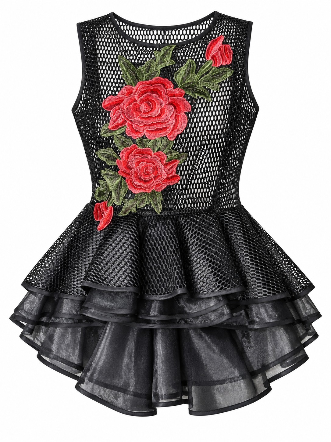 Blusa negra de malla con flores bordadas — Negro