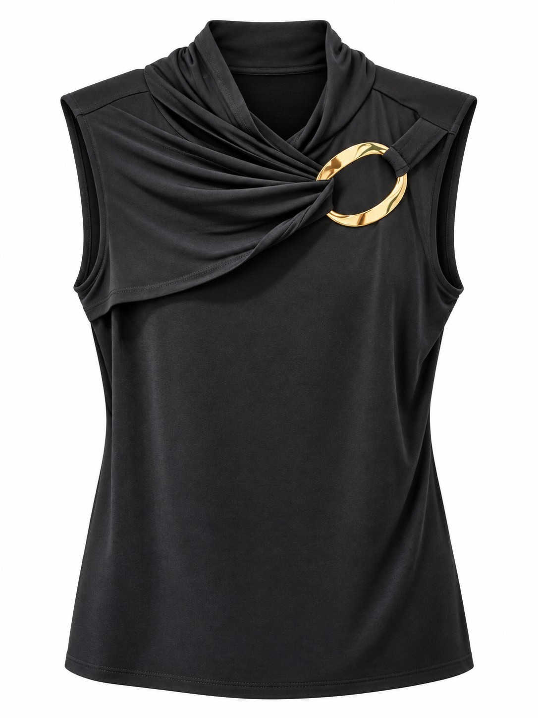 Blusa negra drapeada con aro dorado — Negro