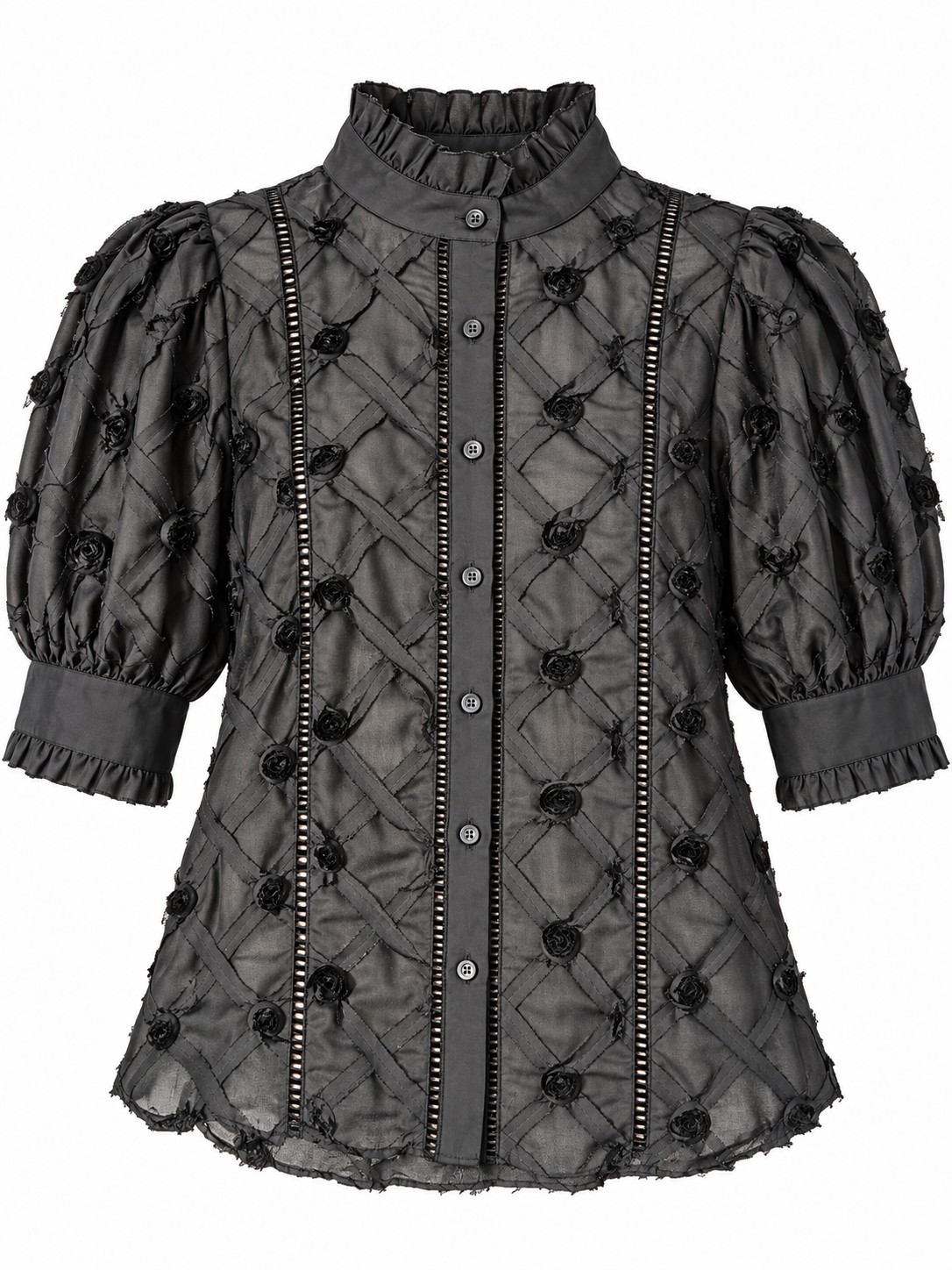 Blusa negra con cintas y mangas globo — Negro
