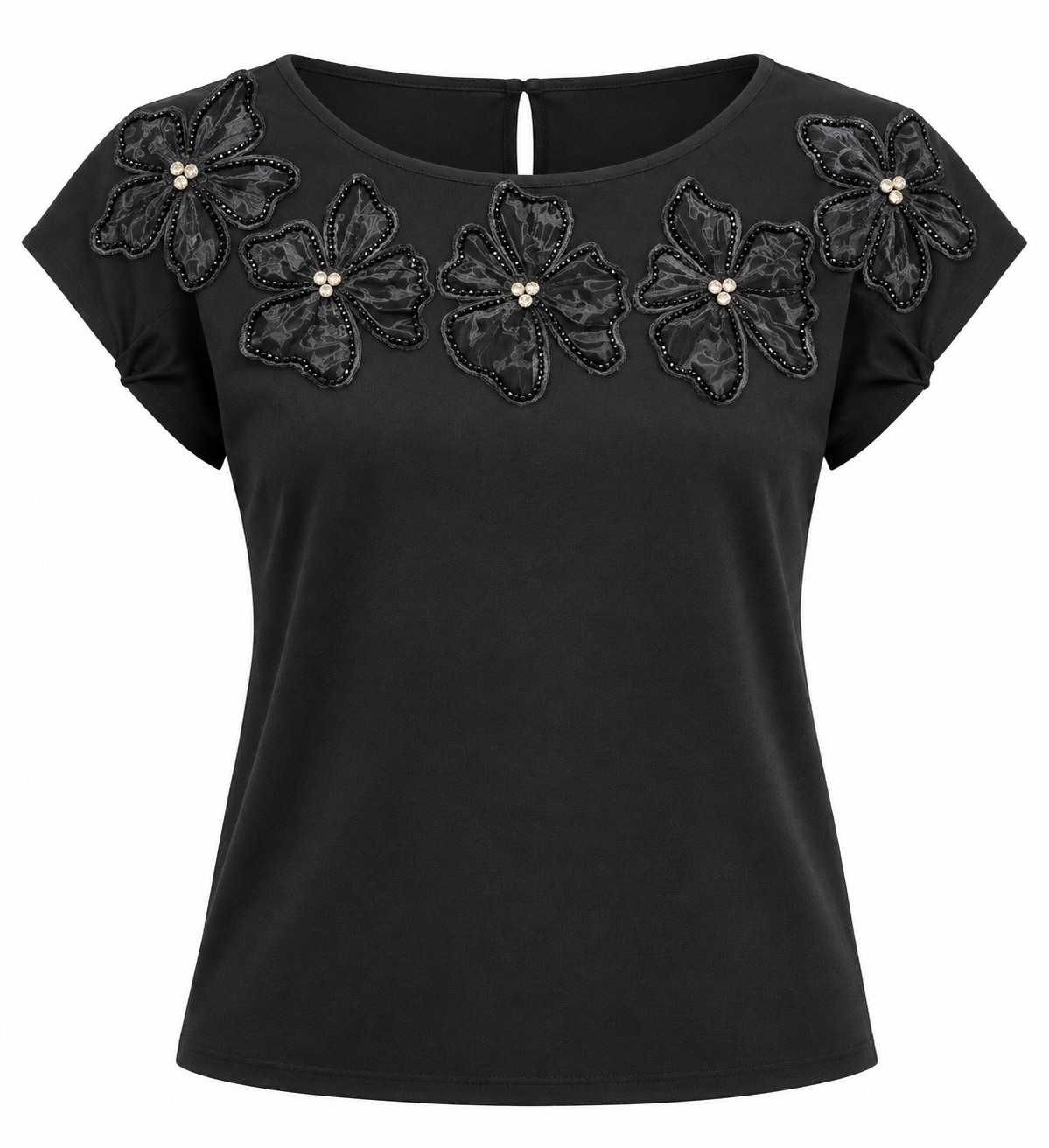 Blusa negra de flores bordadas — Negro
