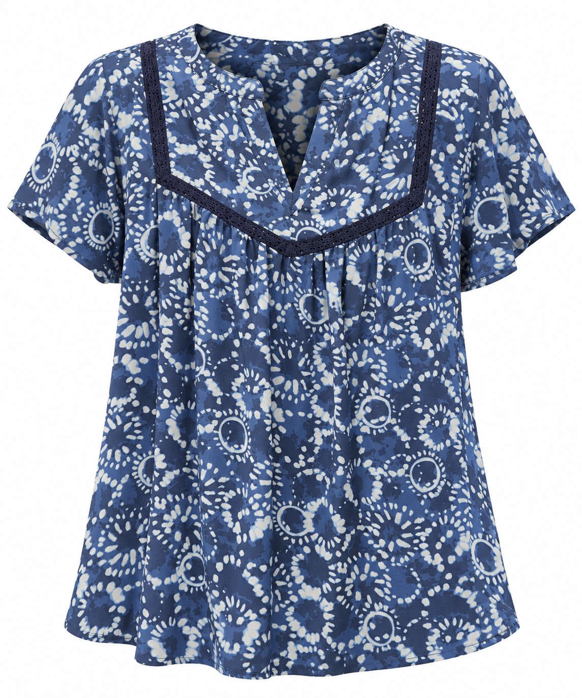 Blusa azul estampada con ribete — Azul estampado