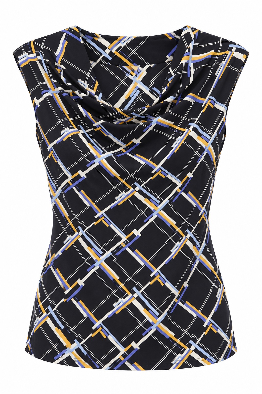 Blusa de cuadros diagonales con cuello drapeado — Negro de cuadros