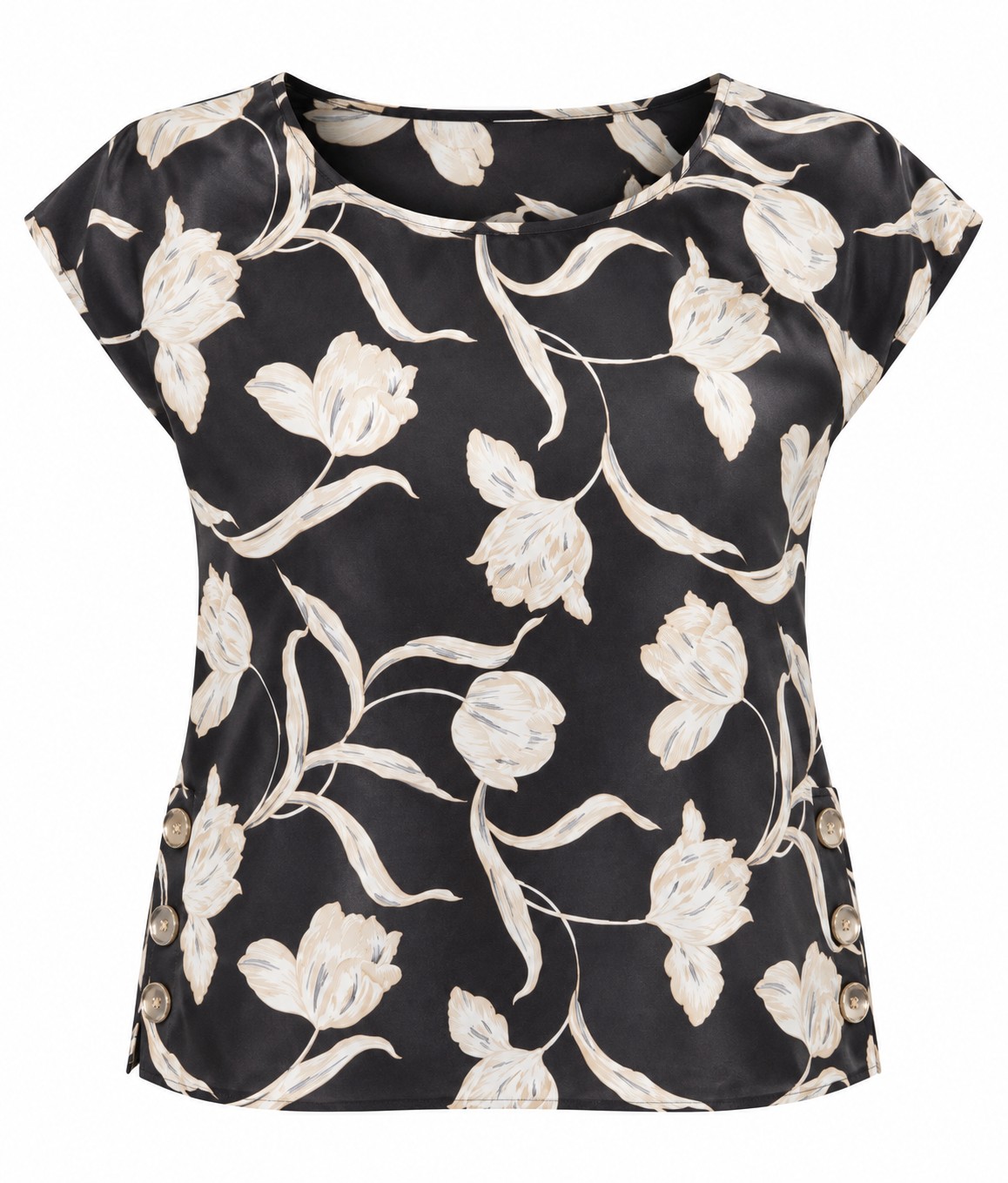 Blusa negra de tulipanes marfil — Negro y marfil