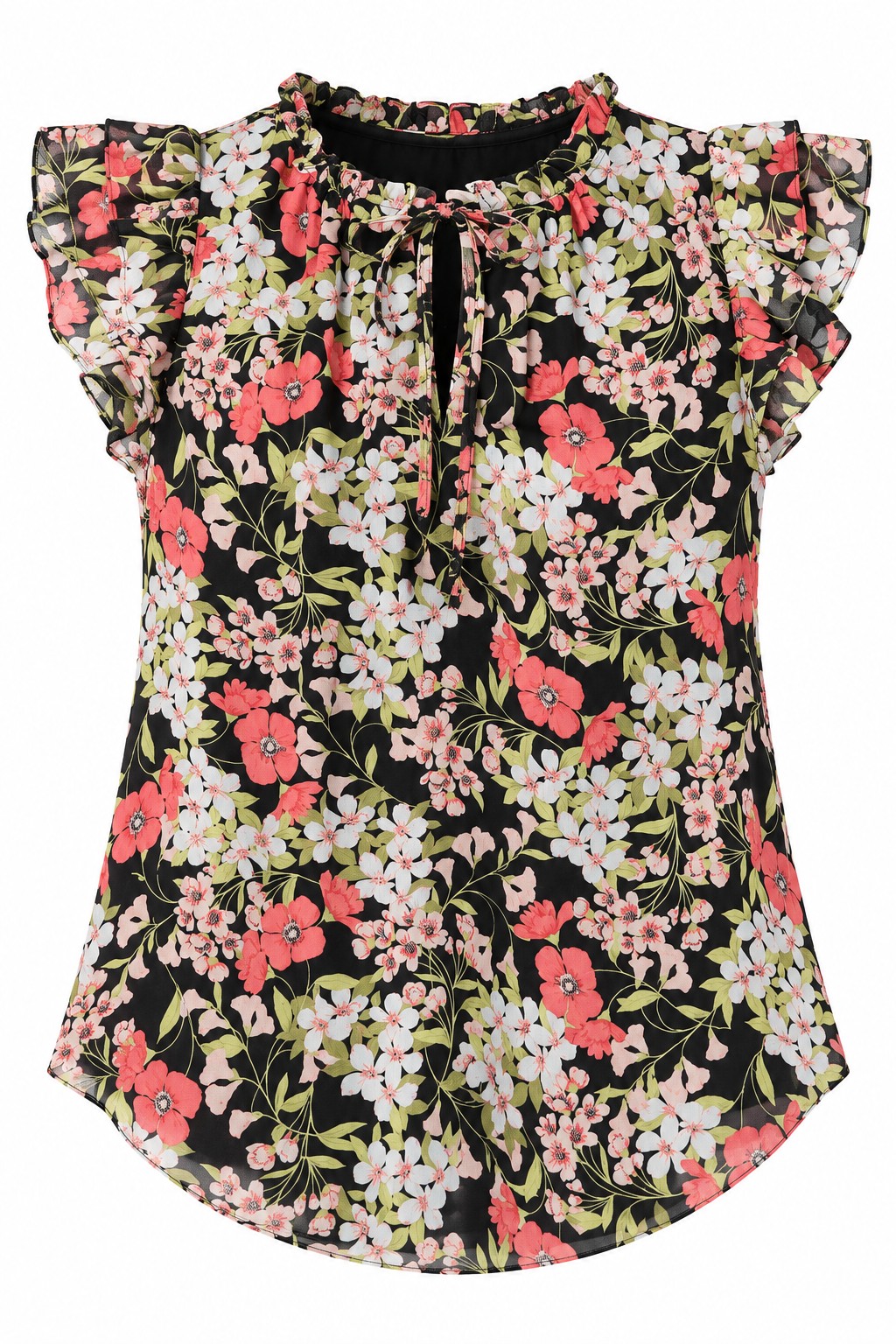 Blusa floral negra con volantes — Negro floral
