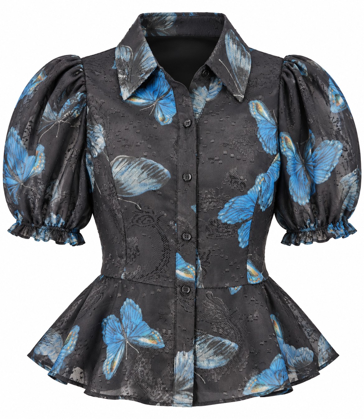 Camisa de mariposas con mangas globo — Negro y azul
