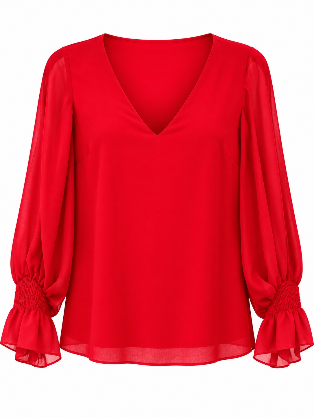 Blusa roja de cuello V y puños fruncidos — Rojo