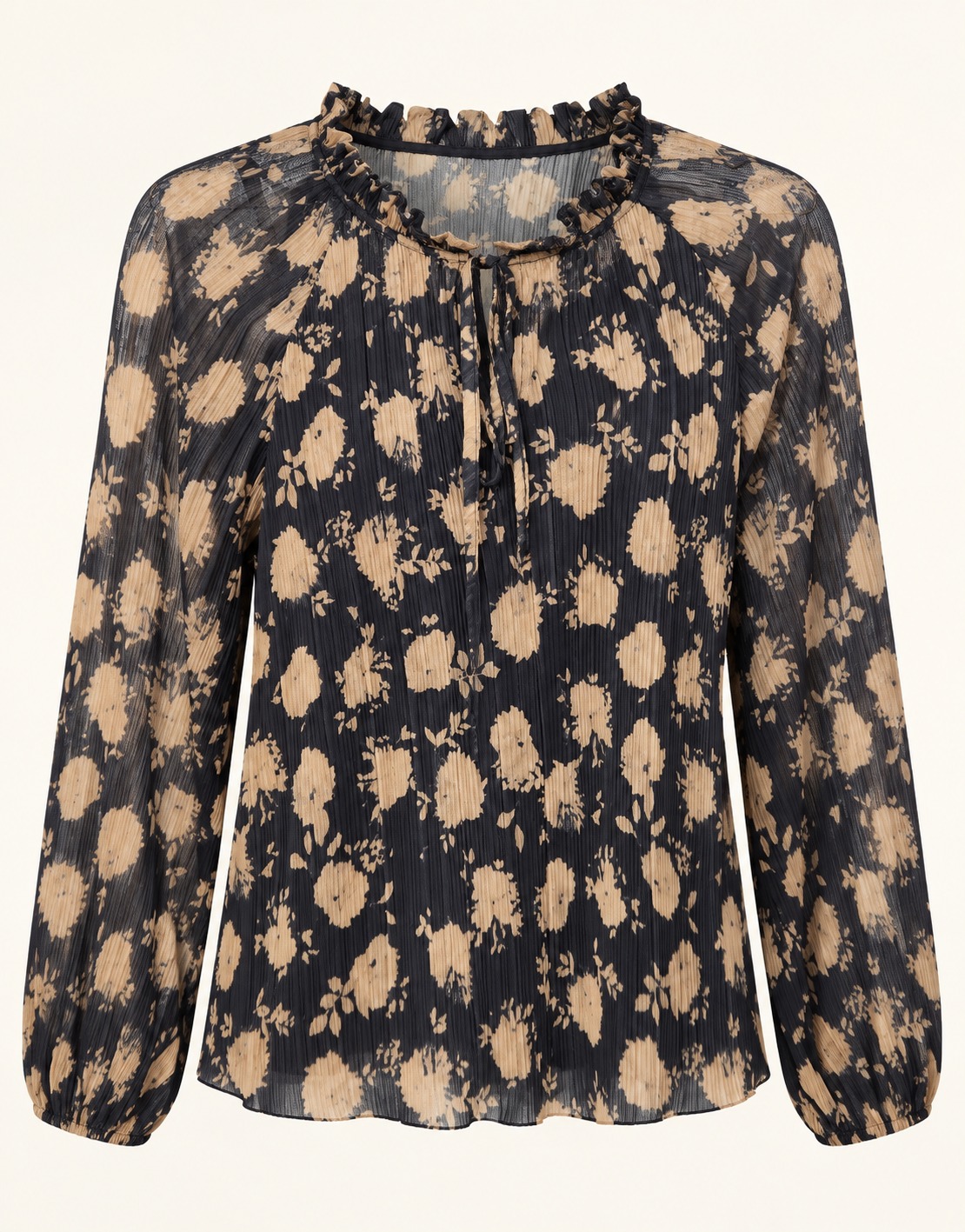 Blusa floral plisada con cuello de volante