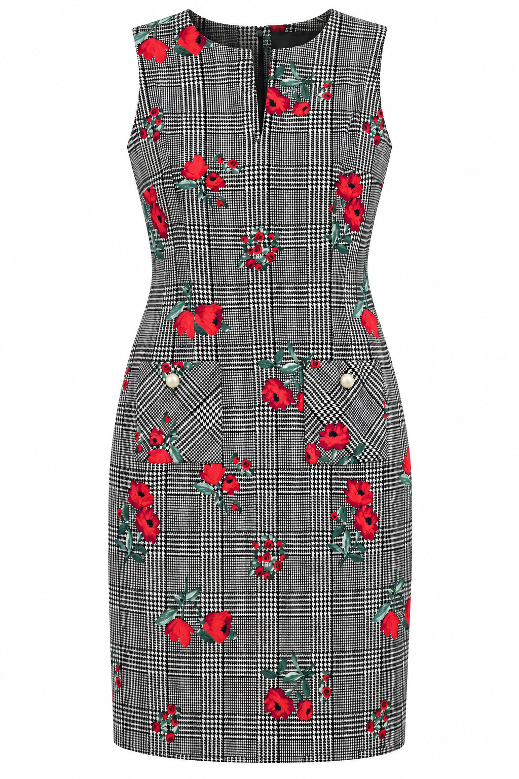 Vestido de cuadros con flores rojas y botones de perla — Negro, marfil y rojo