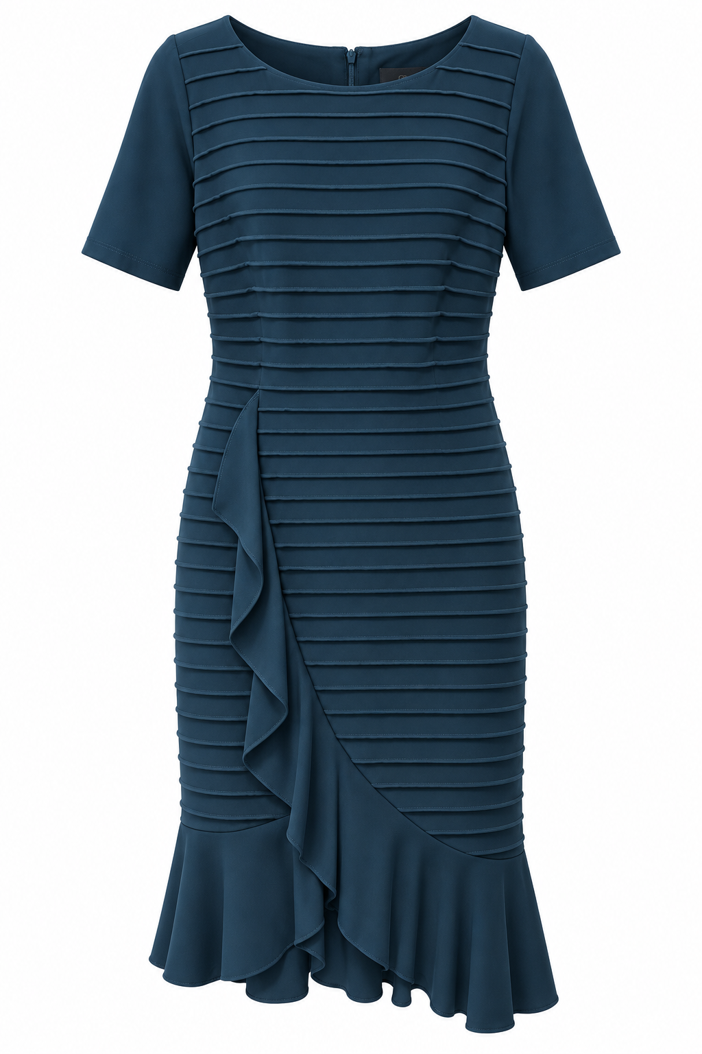 Vestido azul petróleo de pliegues y volante en cascada — Azul petróleo