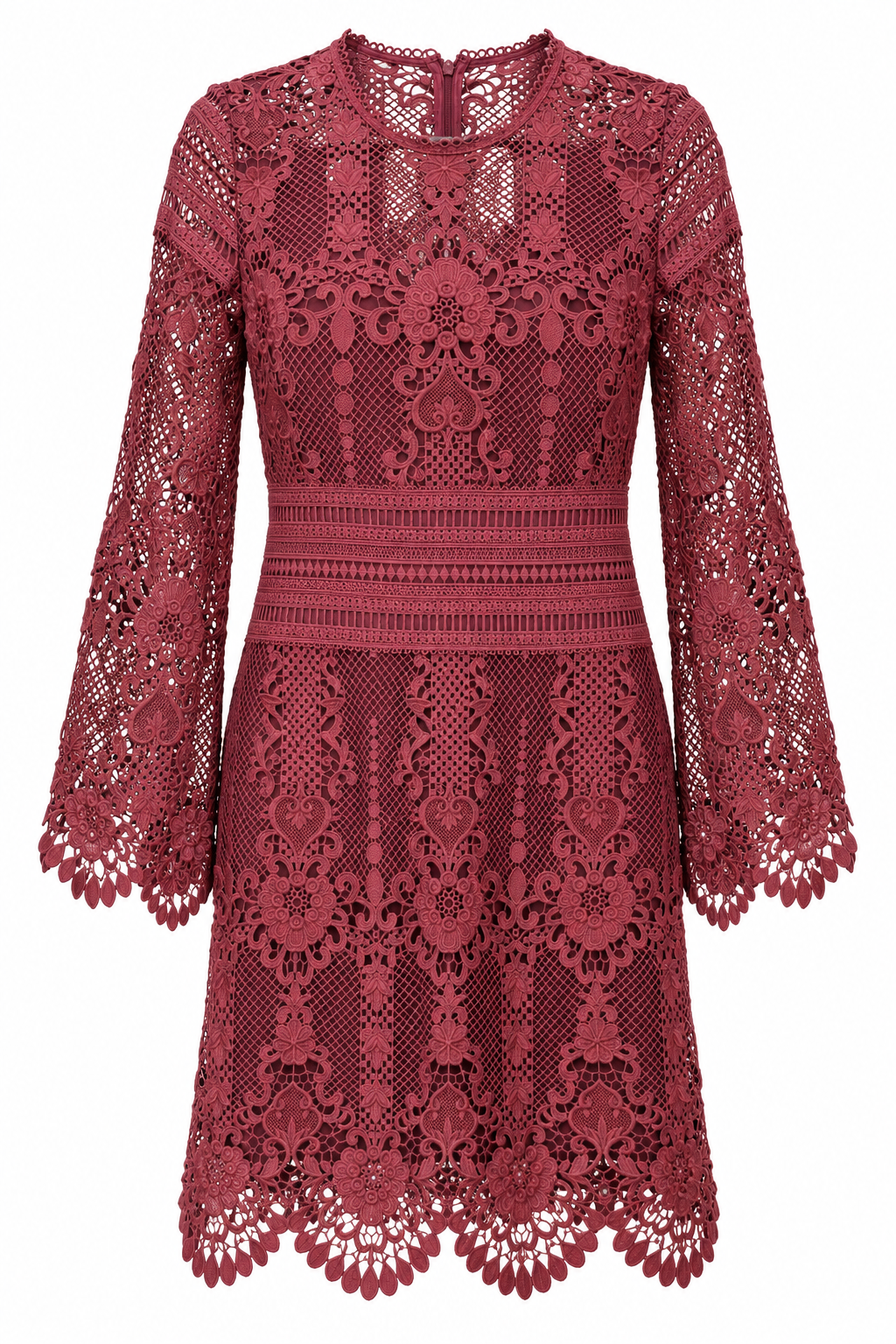 Vestido burdeos de encaje con manga larga y cintura calada — Burdeos