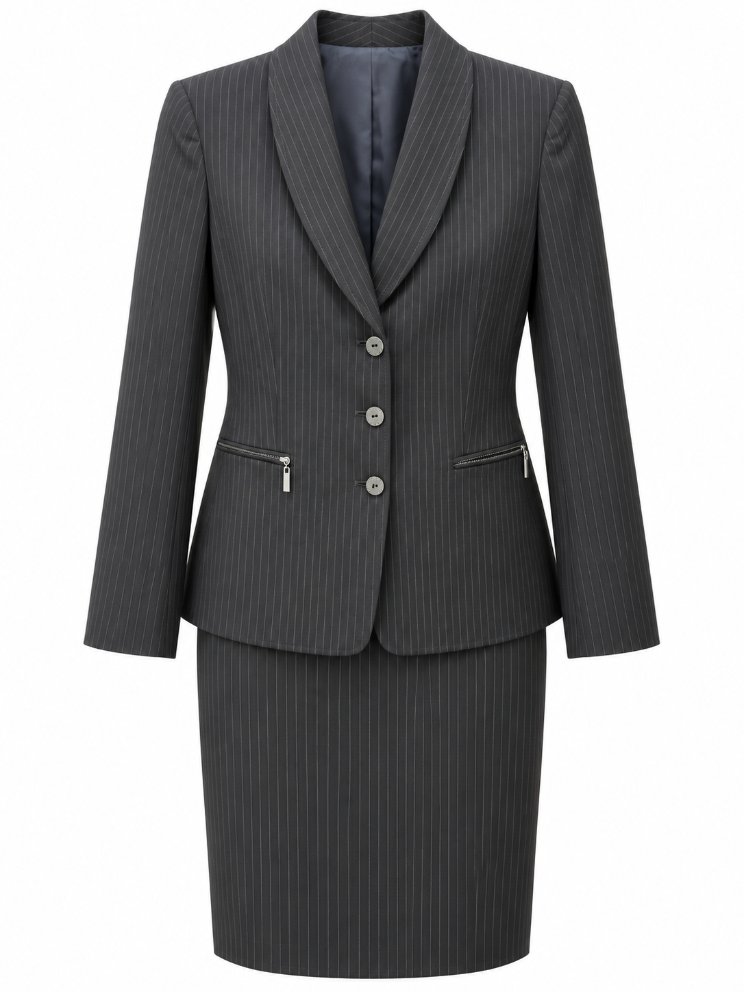 Conjunto gris oscuro a rayas con tres botones y cierres — Gris
