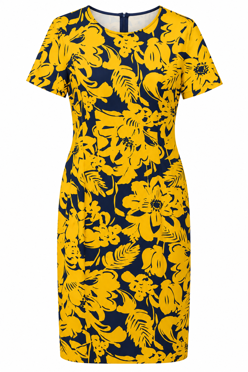 Vestido amarillo y azul marino de flores grandes y manga corta — Amarillo