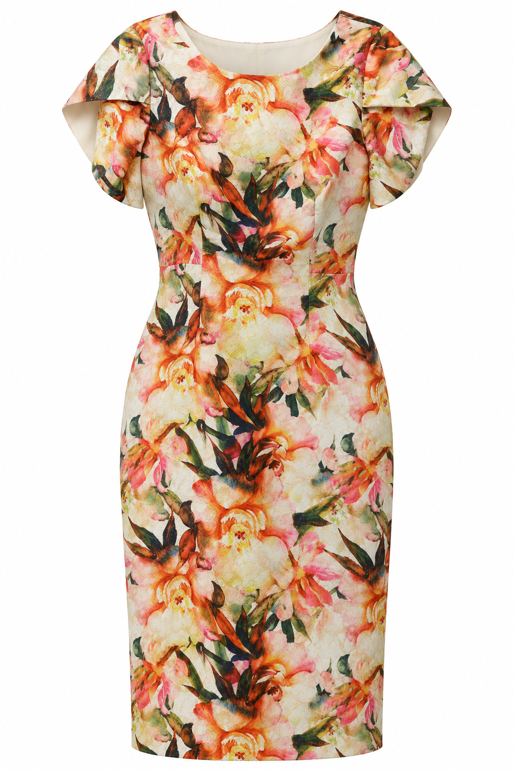 Vestido marfil floral de textura geométrica y manga de pétalo — Multicolor floral