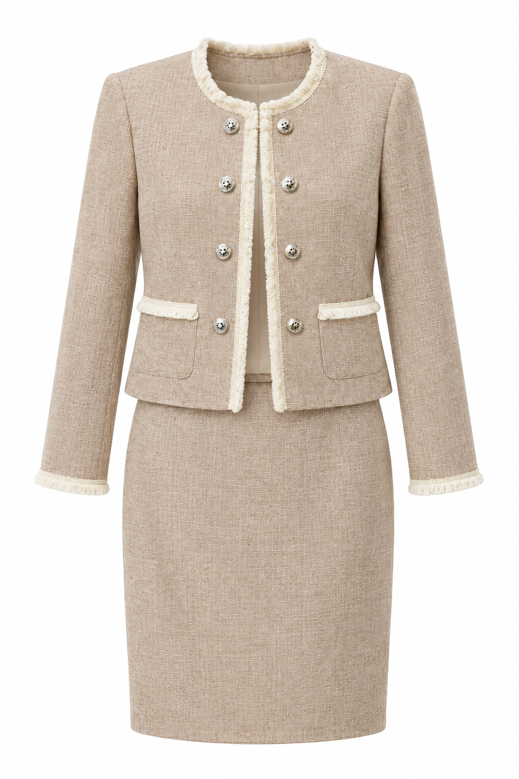 Conjunto de chaqueta y falda tweed beige con flecos marfil — Beige