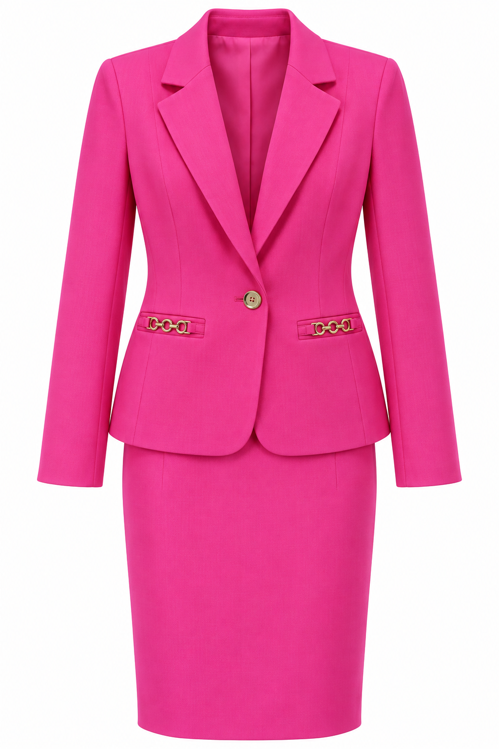 Conjunto rosa intenso con cadenas doradas en los bolsillos — Rosa intenso
