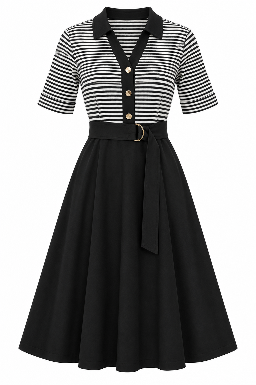 Vestido polo de rayas con falda negra amplia — Negro y blanco