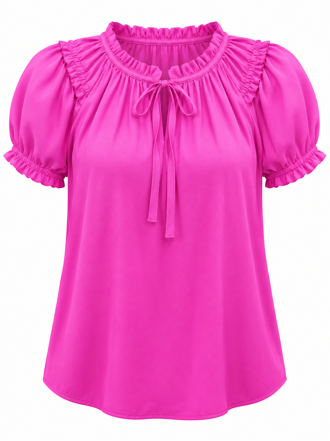 Blusa rosa de mangas abullonadas y lazo en el cuello — Rosa intenso