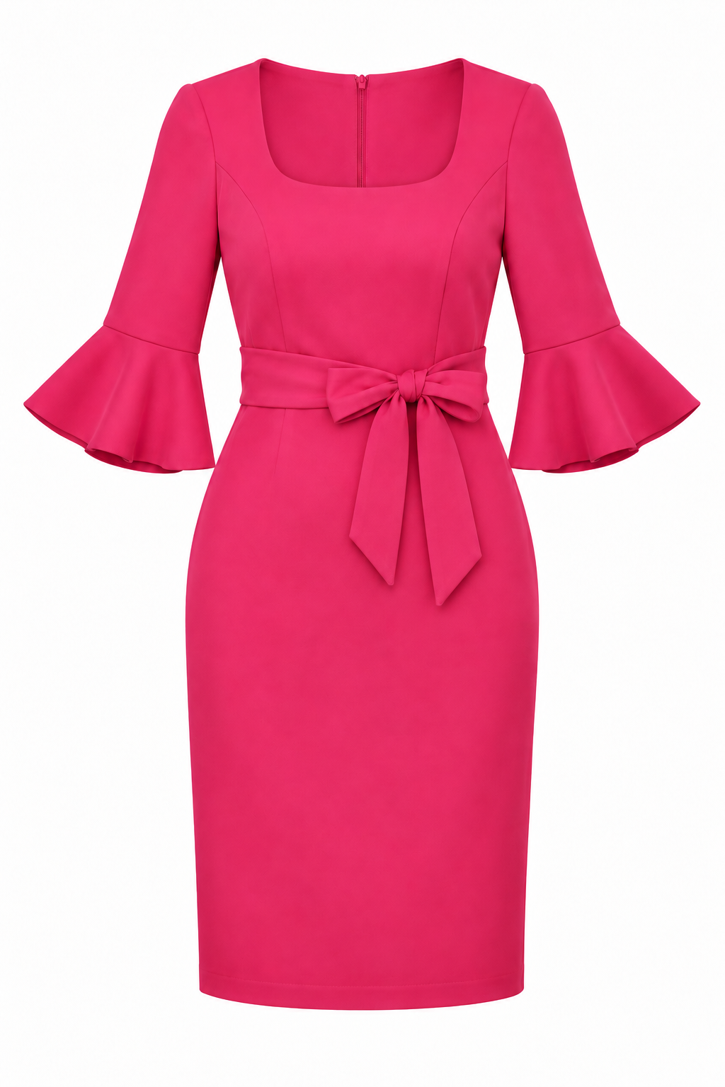 Vestido frambuesa con mangas campana y lazo en cintura — Frambuesa