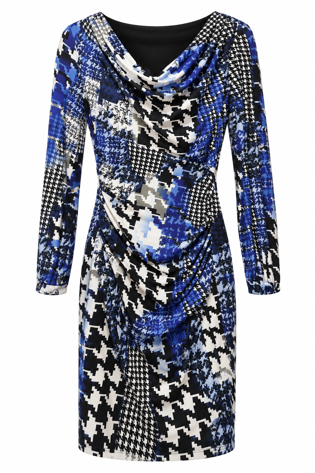 Vestido de pata de gallo azul y negro con cuello drapeado — Azul y negro