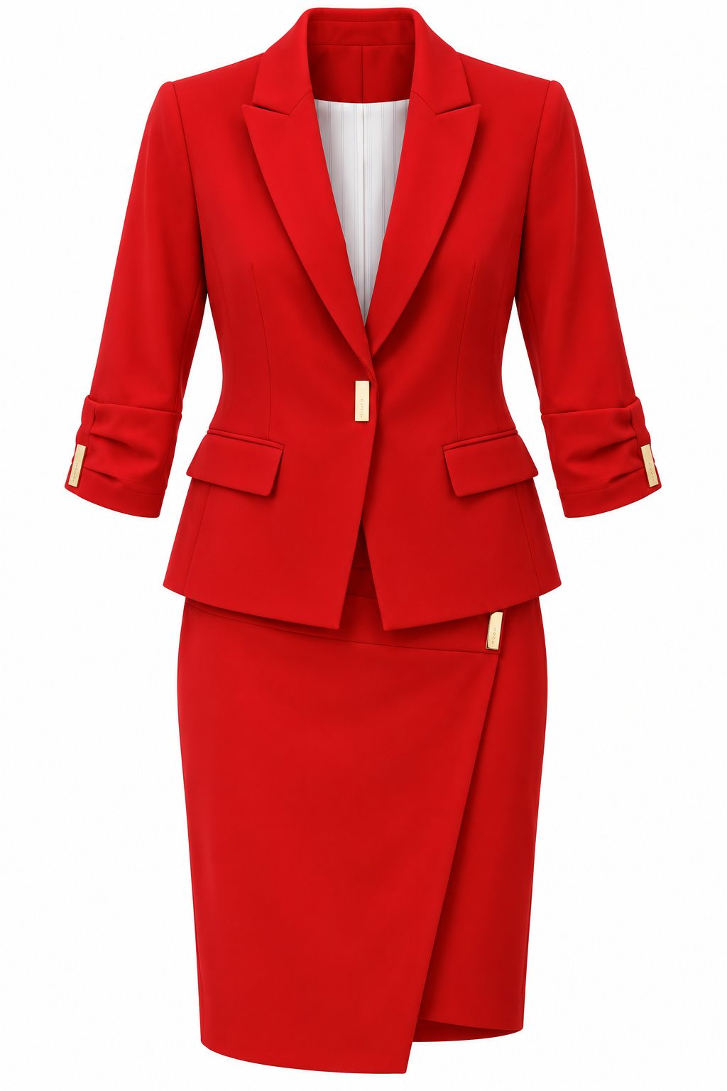Conjunto rojo de broche dorado y falda cruzada — Rojo