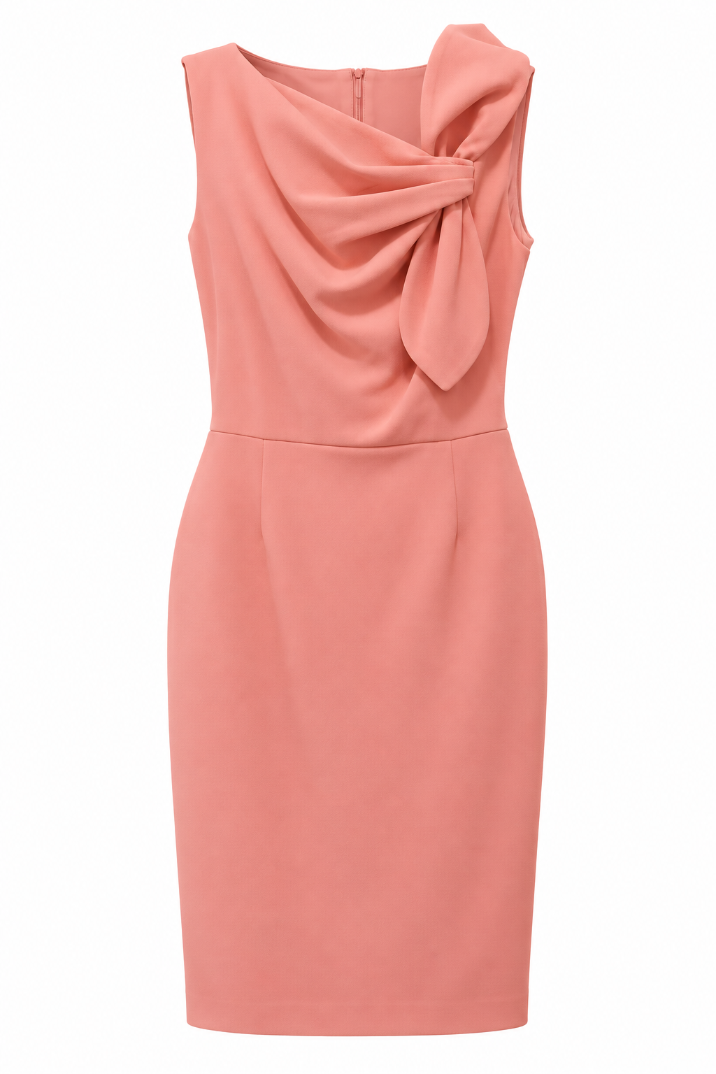 Vestido coral de escote drapeado con lazo asimétrico — Coral