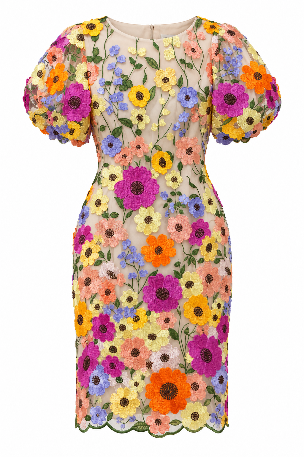 Vestido de tul bordado con flores multicolor y mangas abullonadas — Multicolor floral
