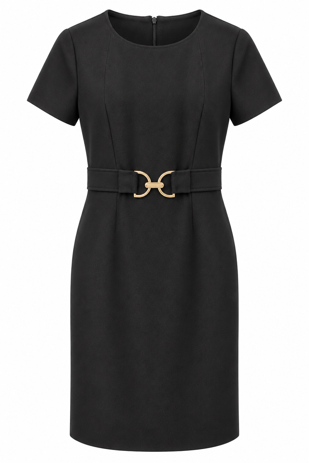 Vestido negro de manga corta con broche dorado en cintura — Negro