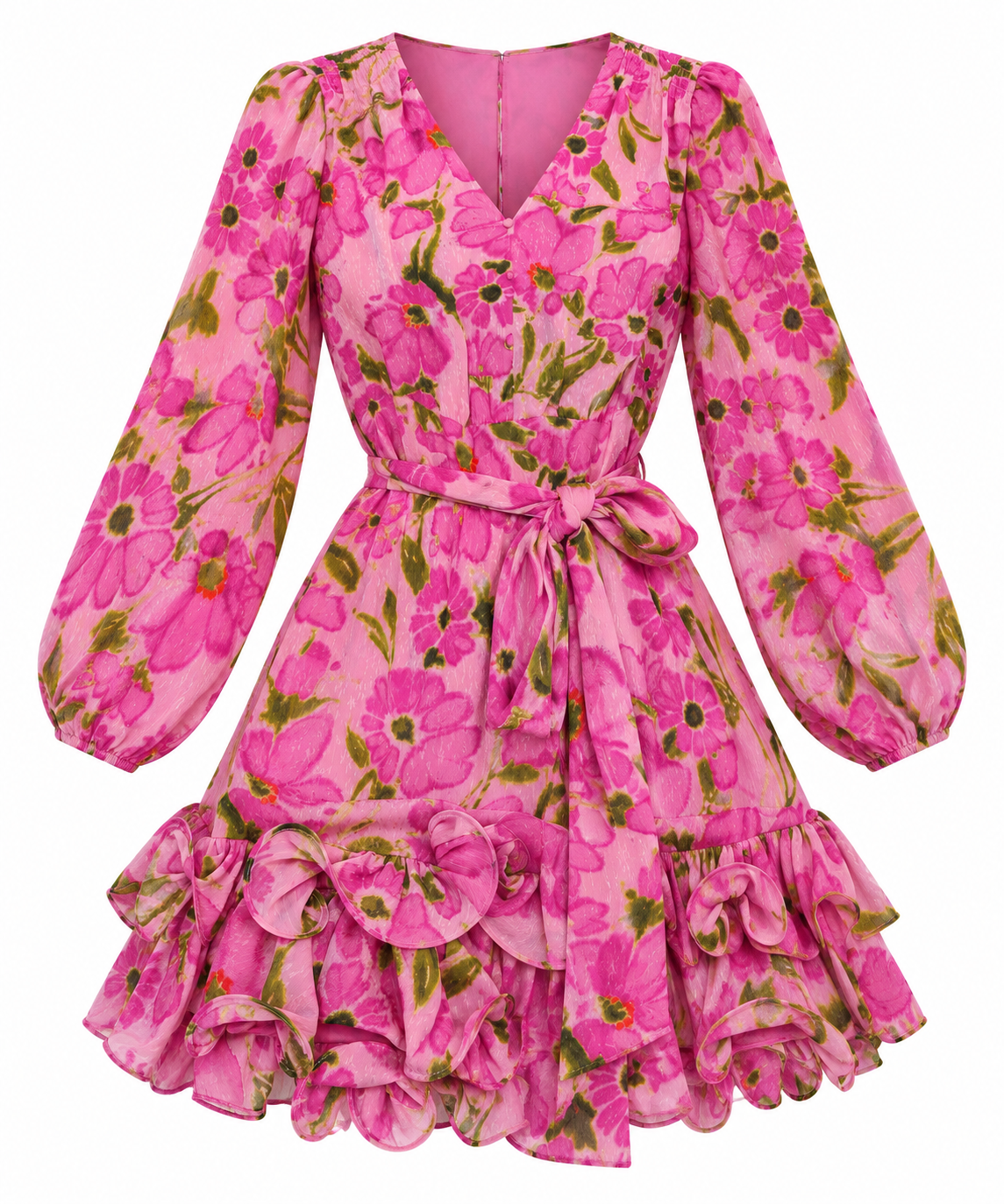 Vestido rosa floral de manga abullonada y doble volante — Rosa floral