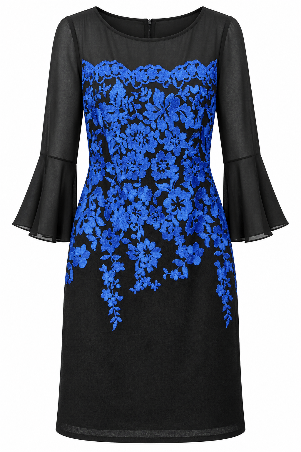 Vestido negro de bordado azul con mangas transparentes acampanadas — Negro y azul