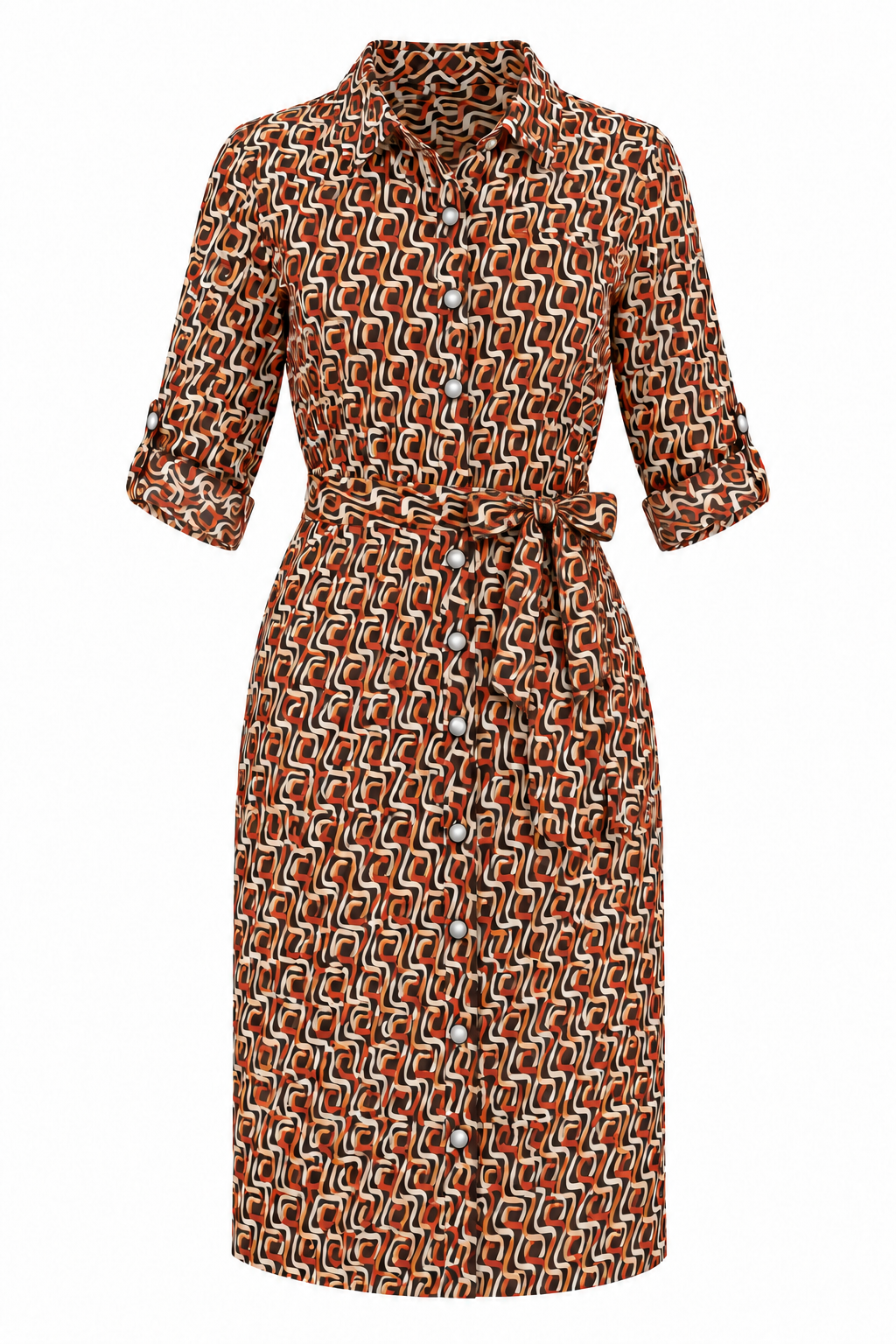 Vestido camisero geométrico de tonos cálidos con lazo — Multicolor geométrico