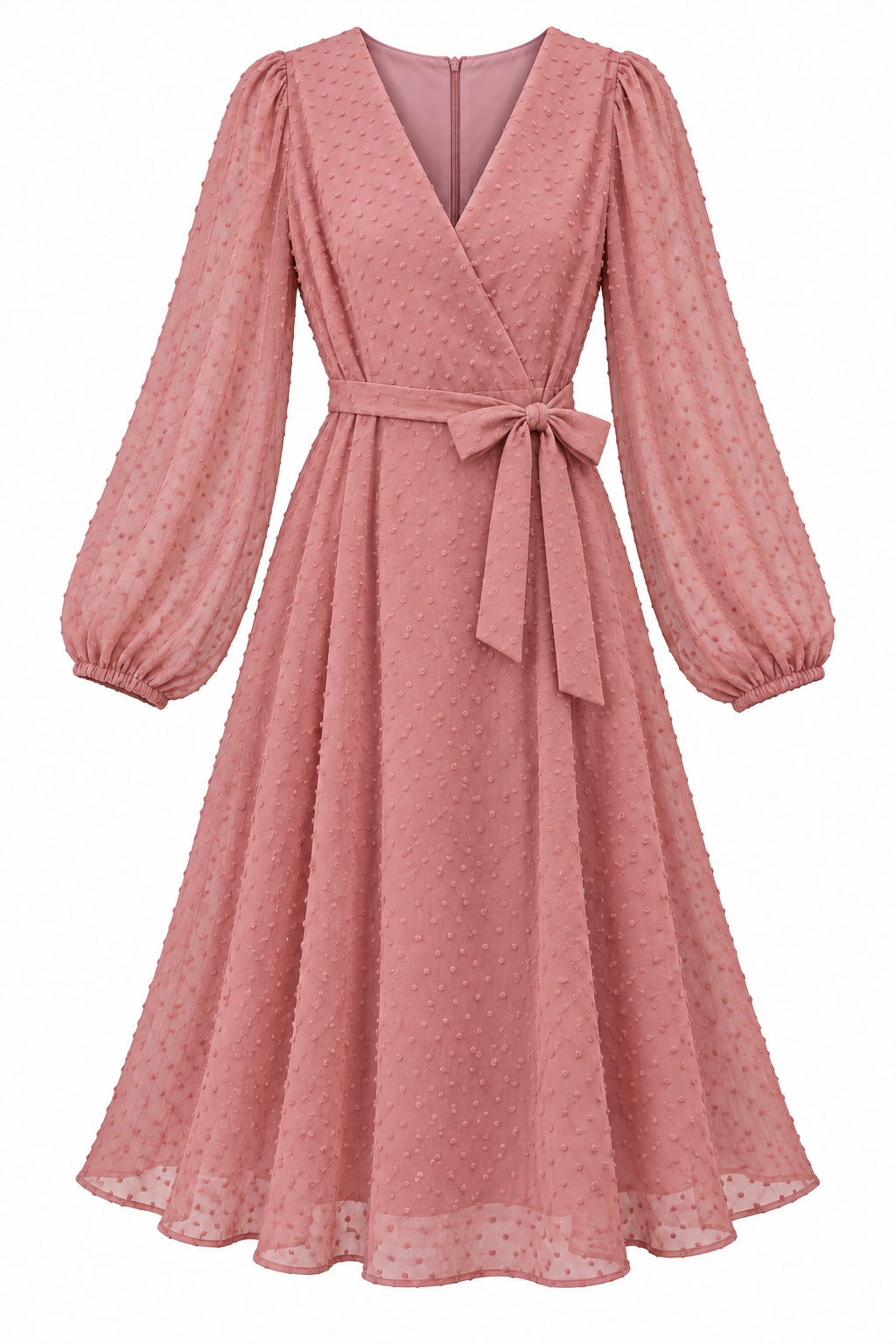 Vestido rosa empolvado de plumeti con lazo y manga abullonada — Rosa empolvado