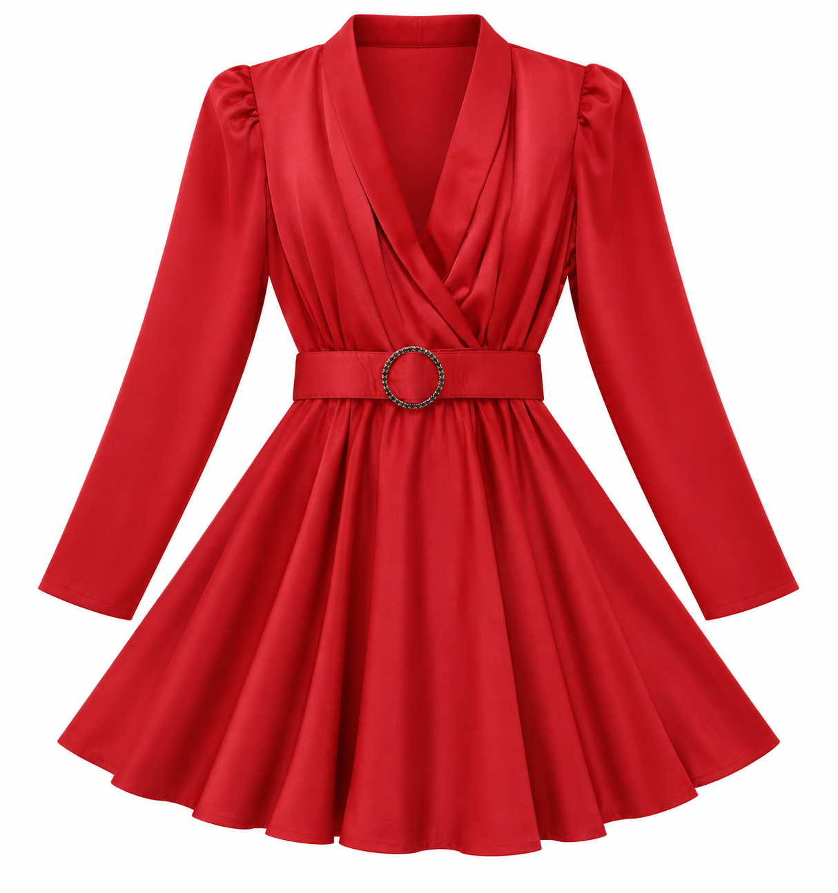 Vestido rojo de manga larga y falda amplia con hebilla redonda — Rojo