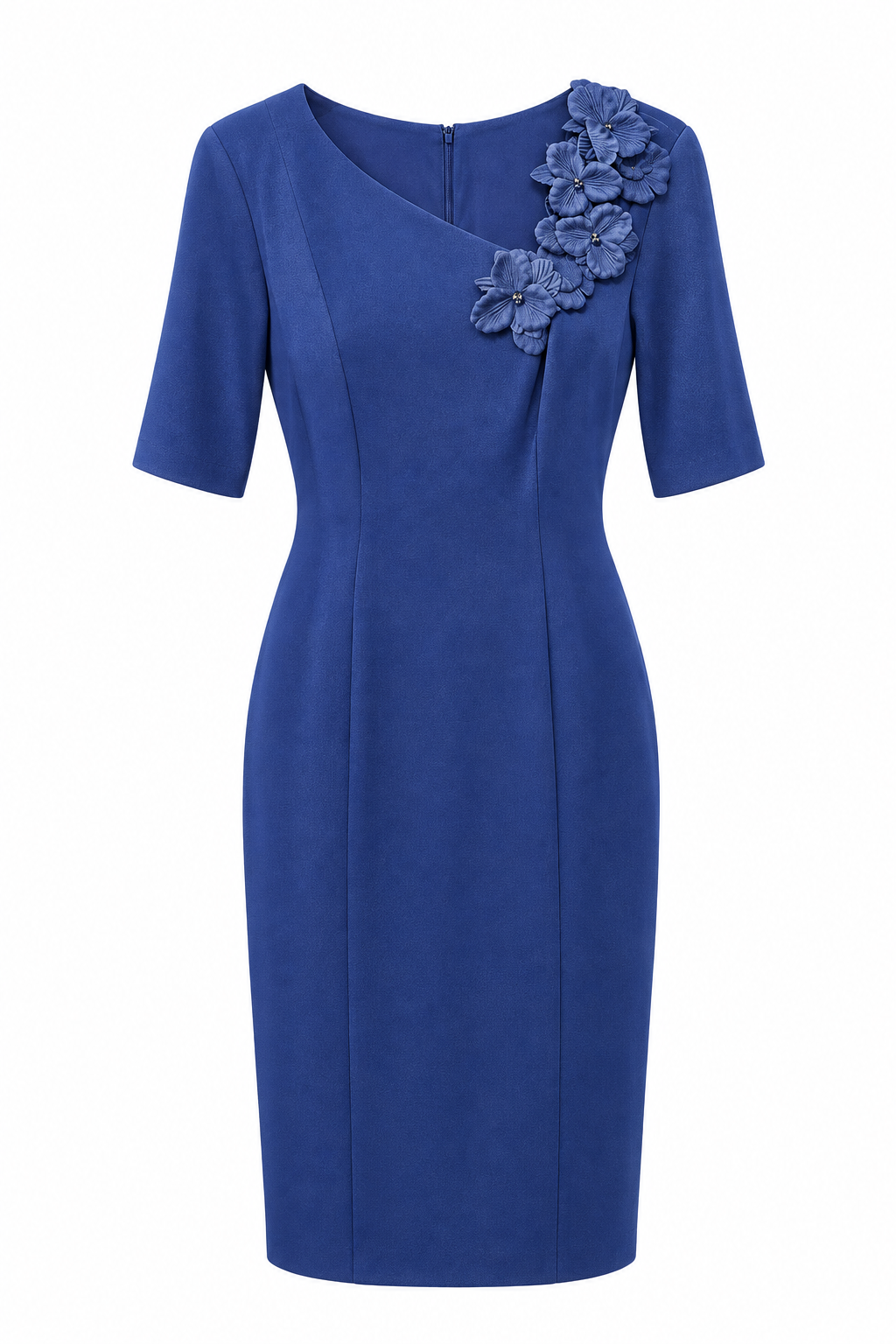 Vestido azul denim con cinco flores en el escote — Azul denim