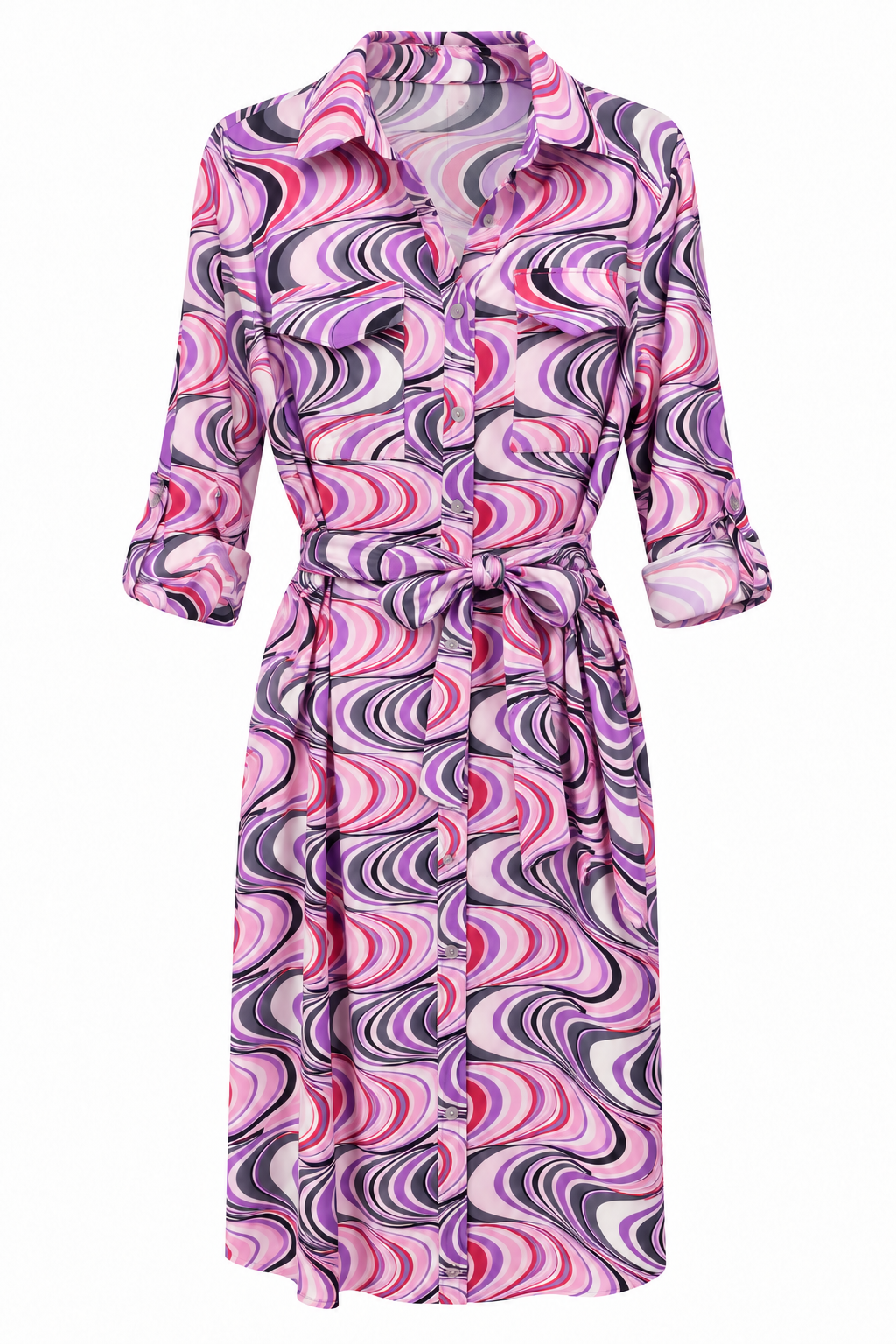 Vestido camisero de ondas rosa y morado con lazo — Rosa estampado