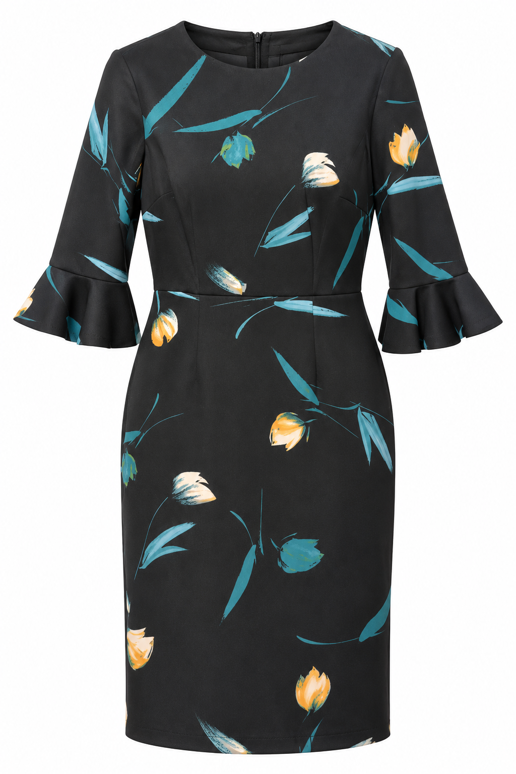 Vestido negro de tulipanes con mangas de volante — Negro floral